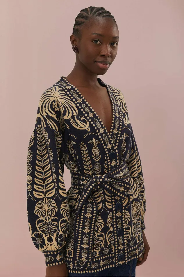 Navy Blue Ainika Tropical Splendor Knit Cardigan Women FARM Rio Cardigans