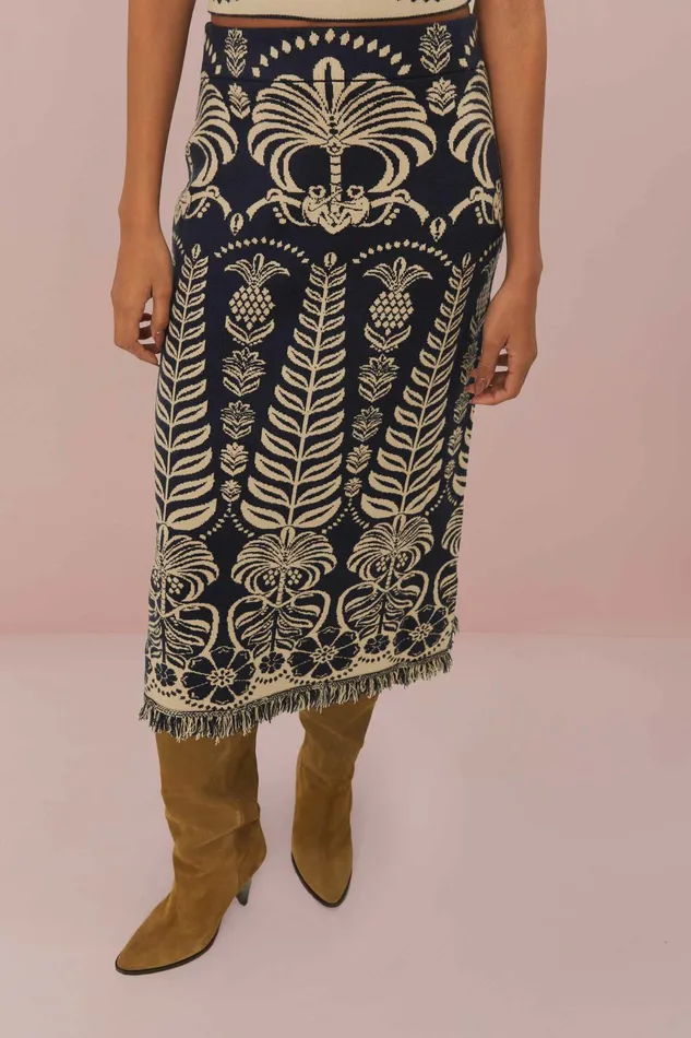 Navy Blue Ainika Tropical Splendor Knit Midi Skirt Women FARM Rio Skirts Navy Blue Ainika Tropical Splendor Knit Midi Skirt Women FARM Rio Skirts