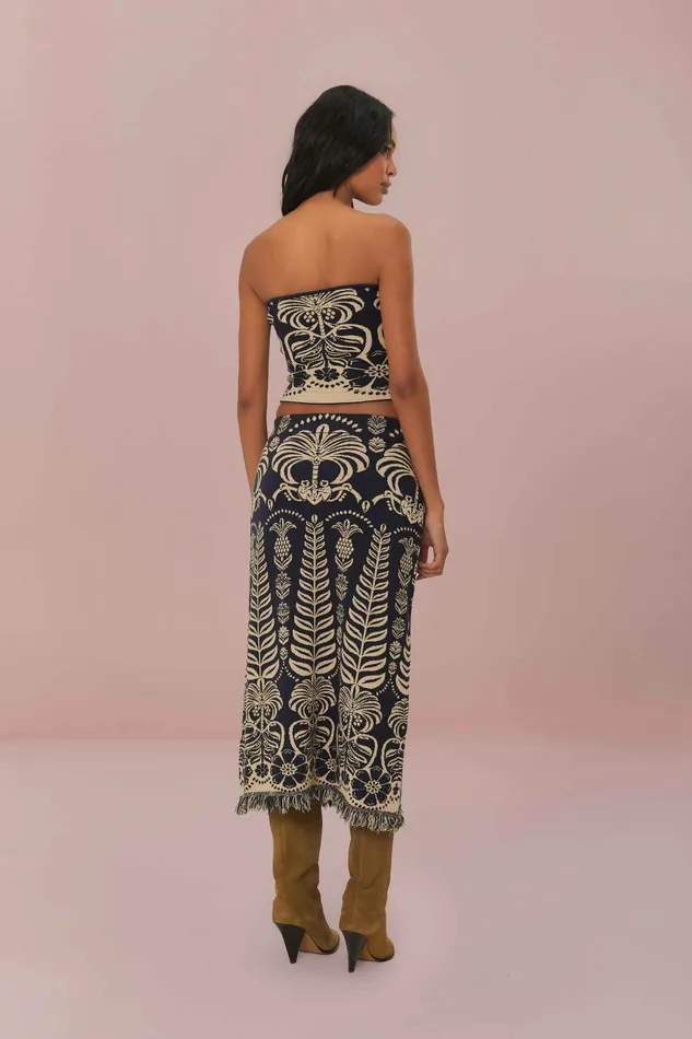 Navy Blue Ainika Tropical Splendor Knit Midi Skirt Women FARM Rio Skirts Navy Blue Ainika Tropical Splendor Knit Midi Skirt Women FARM Rio Skirts