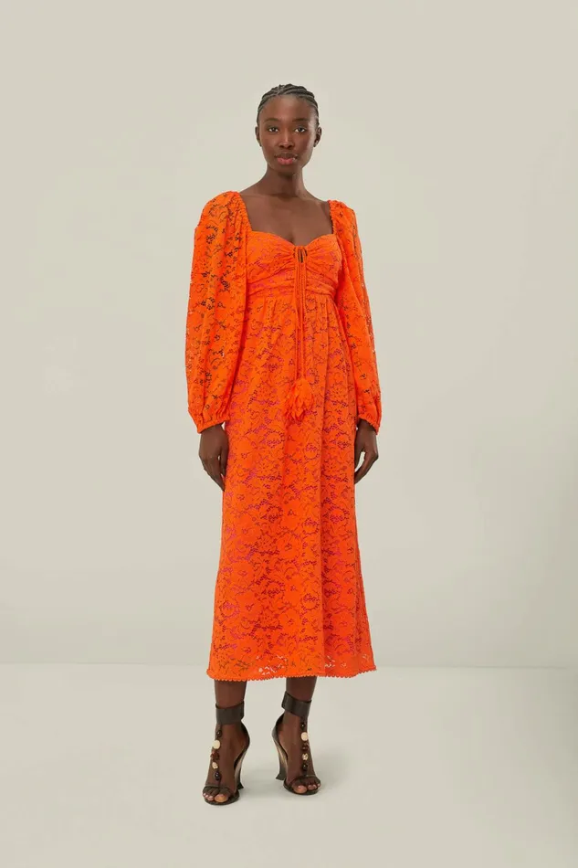 Orange Lace Long Sleeve Midi Dress Women FARM Rio Midi Dresses