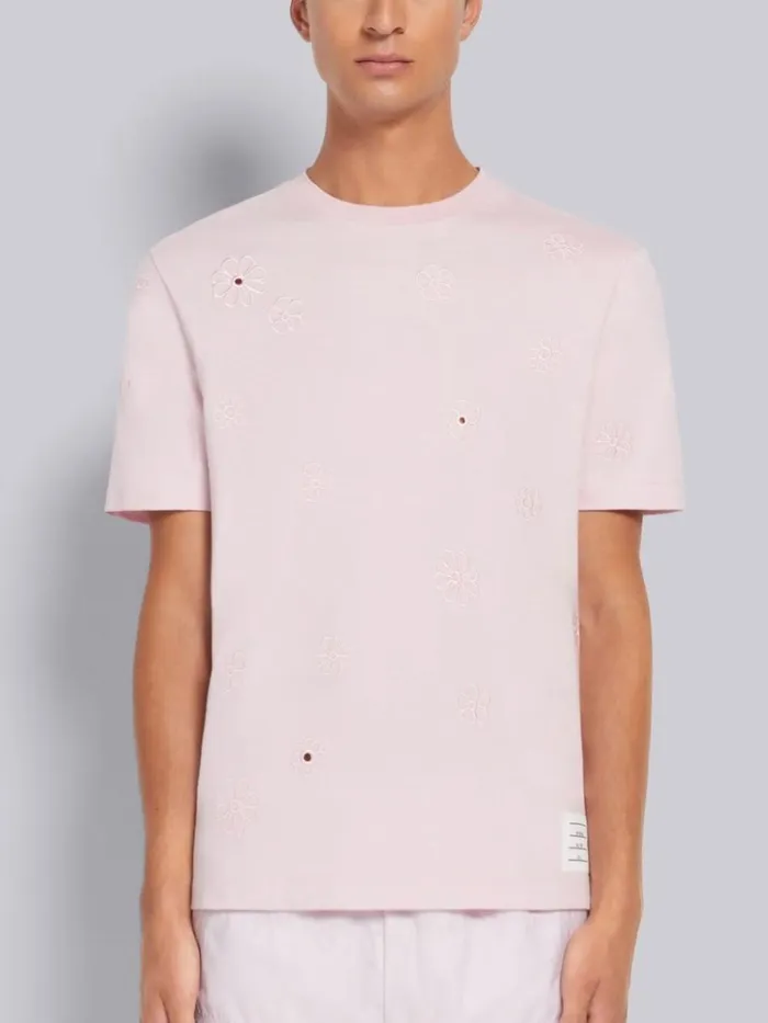 Organic Solid Jersey Floral Broderie Anglaise Relaxed Fit Tee Light Pink Men Thom Browne Tshirts and Polos
