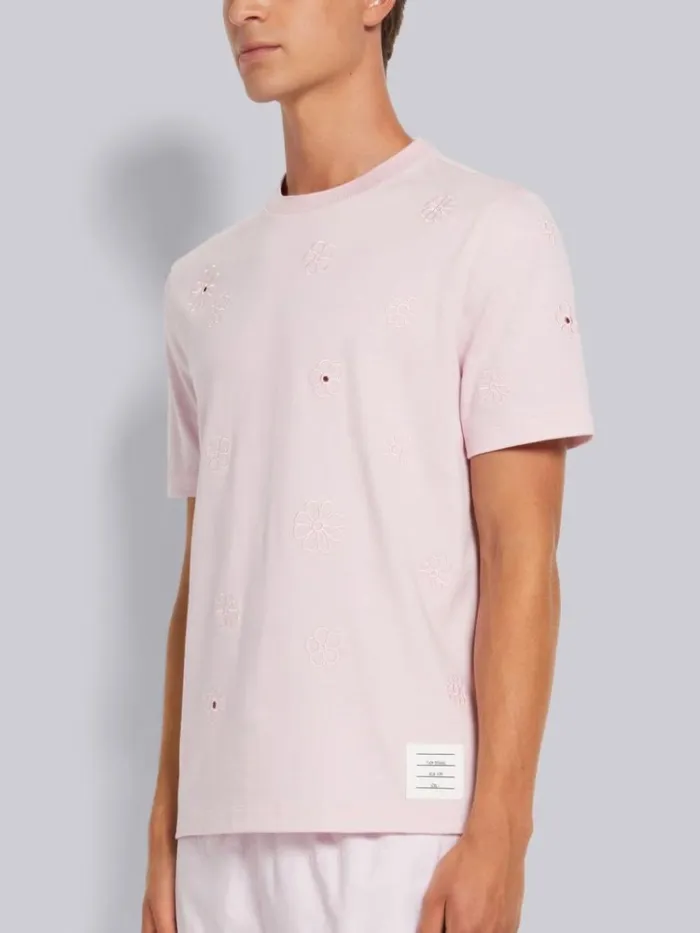 Organic Solid Jersey Floral Broderie Anglaise Relaxed Fit Tee Light Pink Men Thom Browne Tshirts and Polos