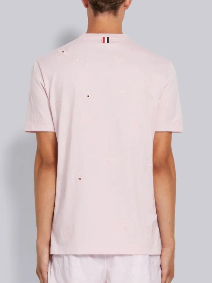 Organic Solid Jersey Floral Broderie Anglaise Relaxed Fit Tee Light Pink Men Thom Browne Tshirts and Polos