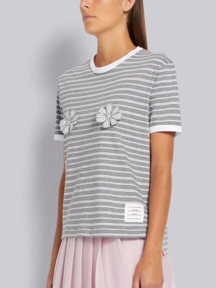 Organic Stripe Jersey Satin Stitch 3d Chest Flower Ringer Tee Medium Grey Women Thom Browne Tshirts and Polos
