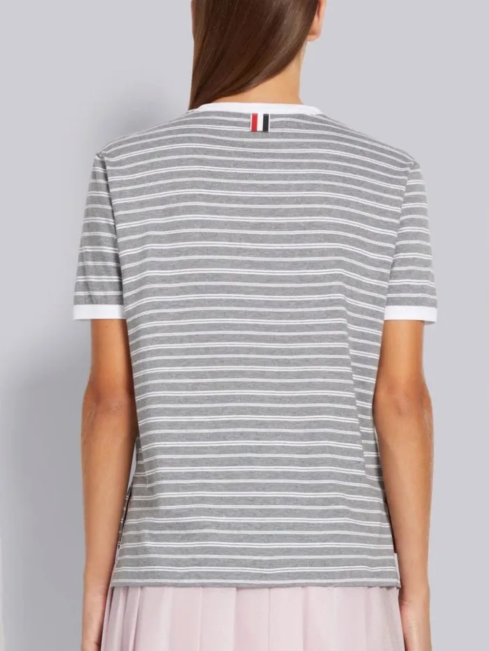 Organic Stripe Jersey Satin Stitch 3d Chest Flower Ringer Tee Medium Grey Women Thom Browne Tshirts and Polos