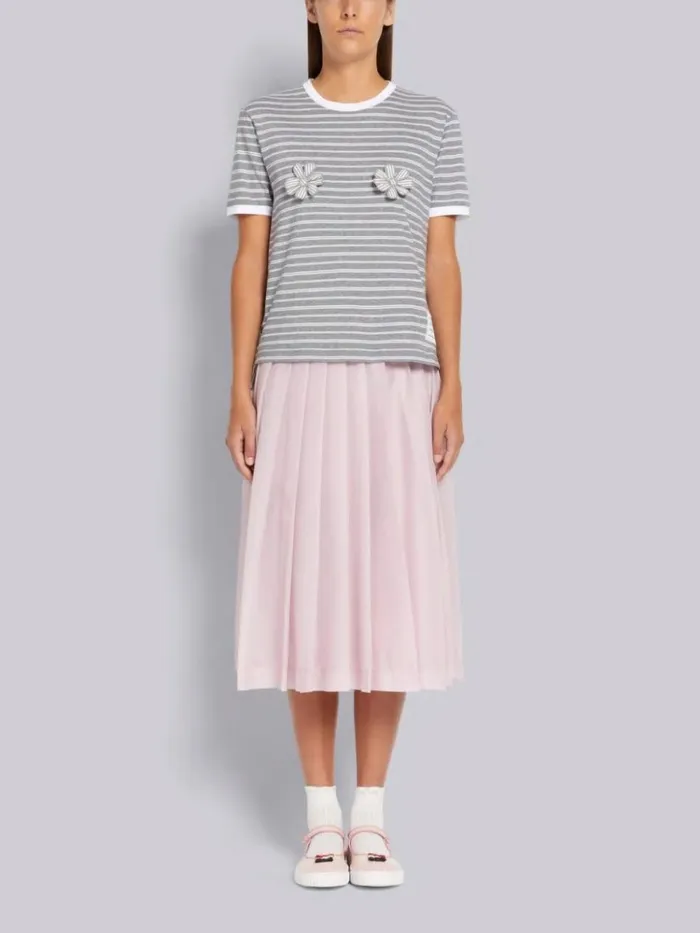Organic Stripe Jersey Satin Stitch 3d Chest Flower Ringer Tee Medium Grey Women Thom Browne Tshirts and Polos