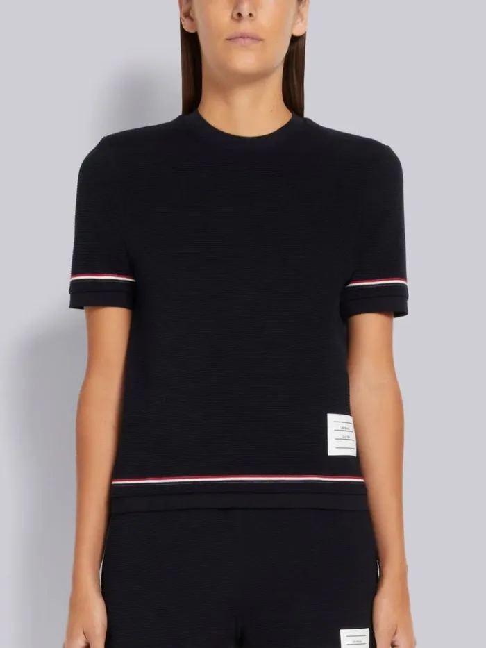 Ottoman Rib Stripe Hem Short Sleeve Sweatshirt Navy Women Thom Browne Sweats