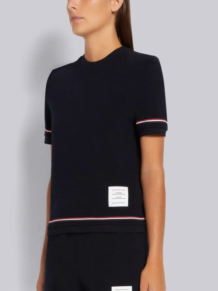 Ottoman Rib Stripe Hem Short Sleeve Sweatshirt Navy Women Thom Browne Sweats