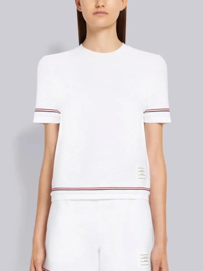 Ottoman Rib Stripe Hem Short Sleeve Sweatshirt White Women Thom Browne Tshirts and Polos Ottoman Rib Stripe Hem Short Sleeve Sweatshirt White Women Thom Browne Tshirts and Polos
