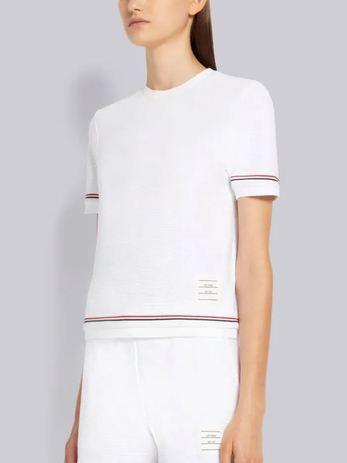Ottoman Rib Stripe Hem Short Sleeve Sweatshirt White Women Thom Browne Tshirts and Polos