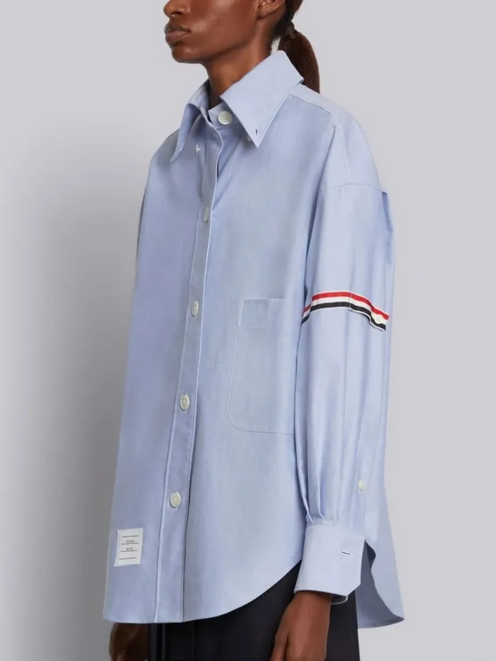 Oxford Striped Grosgrain Armband Supersized Point Collar Shirt Light Blue Women Thom Browne Tops and Shirts