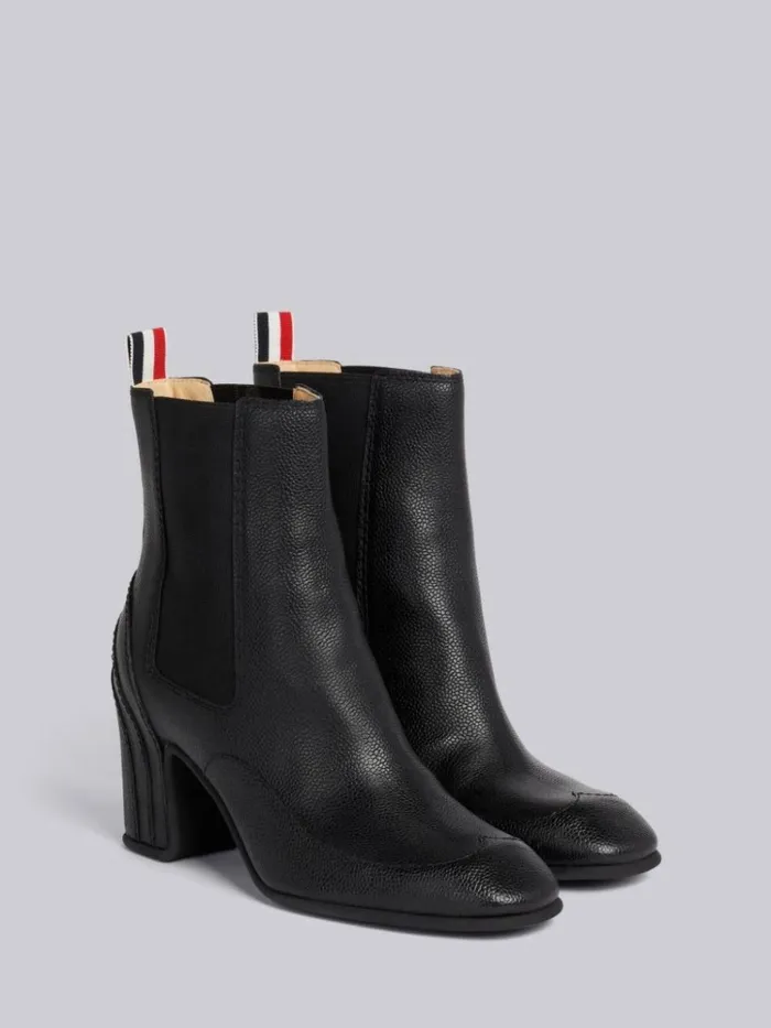 Pebble Grain Leather 75mm Block Heel Wingtip Galosh Ankle Bootie Black Women Thom Browne Heels