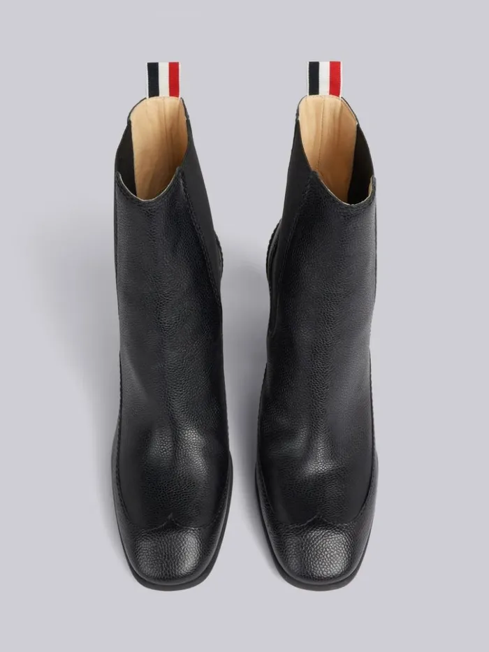 Pebble Grain Leather 75mm Block Heel Wingtip Galosh Ankle Bootie Black Women Thom Browne Heels