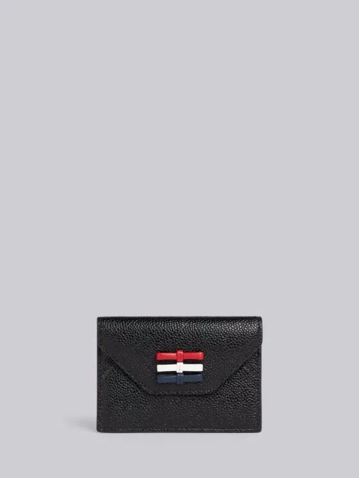 Pebble Grain Leather Bow Detail Envelope Card Holder Black Women Thom Browne Purses and Wallets