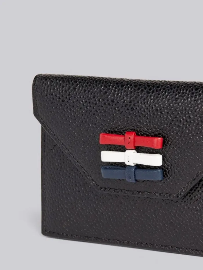Pebble Grain Leather Bow Detail Envelope Card Holder Black Women Thom Browne Purses and Wallets