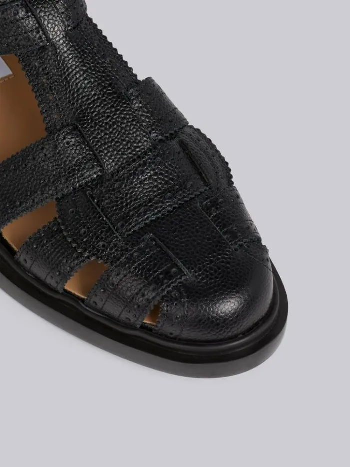 Pebble Grain Leather Lightweight Rubber Sole Brogued Fisherman Sandal Black Women Thom Browne Brogues and Loafers