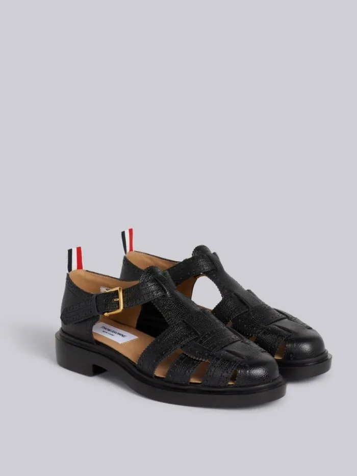 Pebble Grain Leather Lightweight Rubber Sole Brogued Fisherman Sandal Black Women Thom Browne Brogues and Loafers