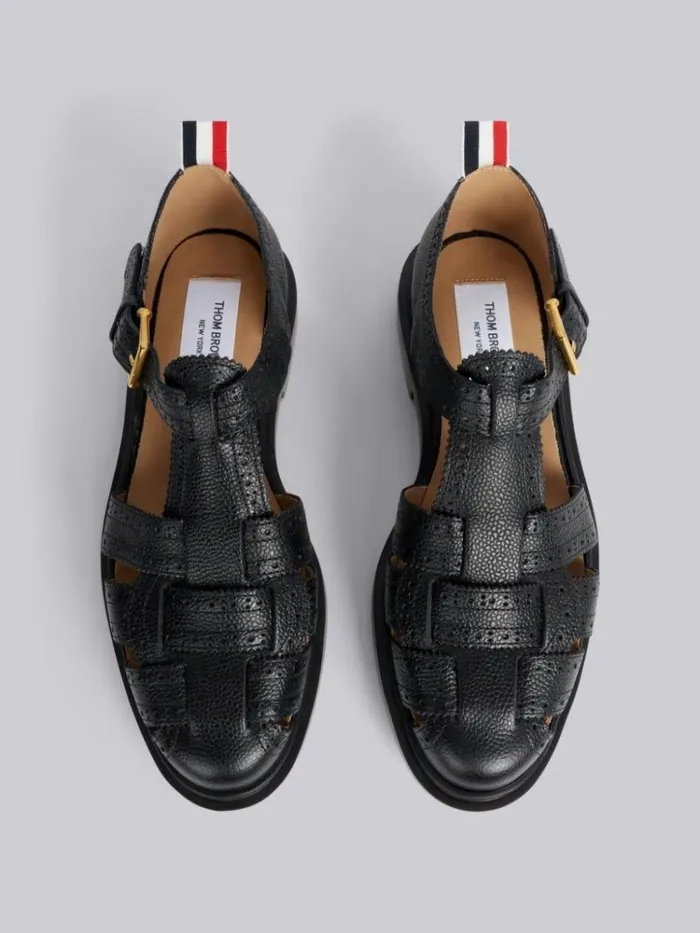 Pebble Grain Leather Lightweight Rubber Sole Brogued Fisherman Sandal Black Women Thom Browne Brogues and Loafers