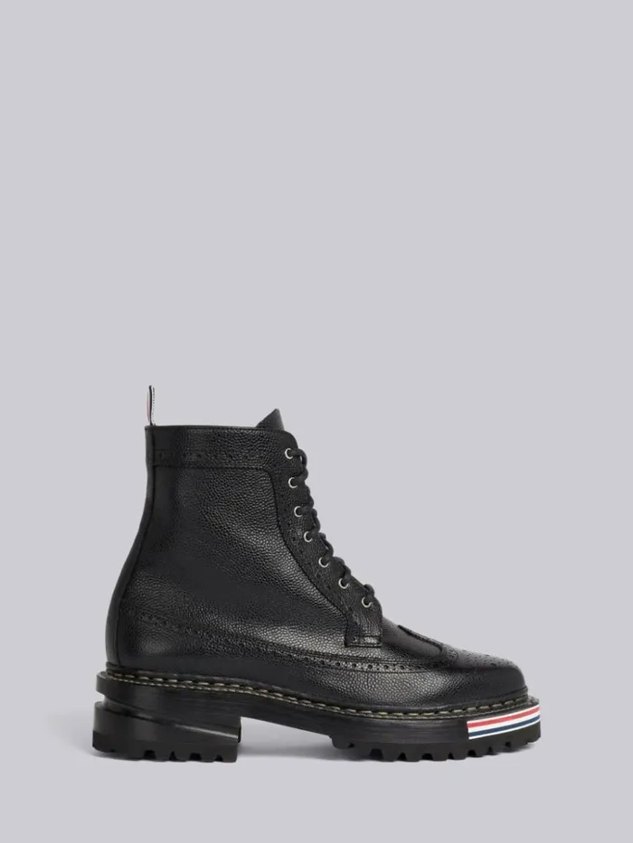 Pebble Grain Leather Rubber Hiking Sole Stripe Micro Insert Laceup Longwing Boot Black Women Thom Browne Boots