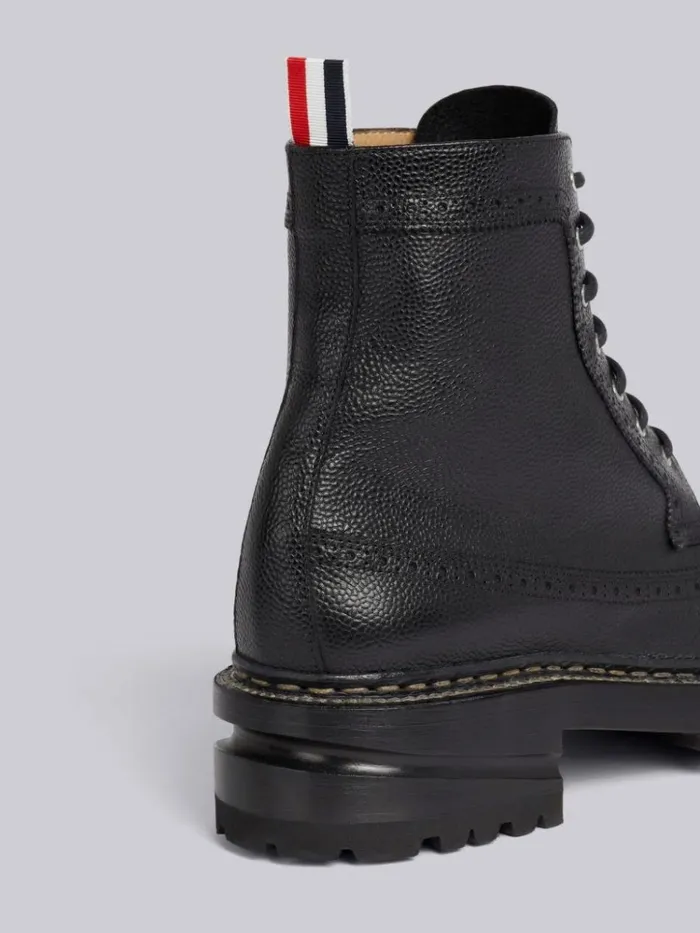 Pebble Grain Leather Rubber Hiking Sole Stripe Micro Insert Laceup Longwing Boot Black Women Thom Browne Boots