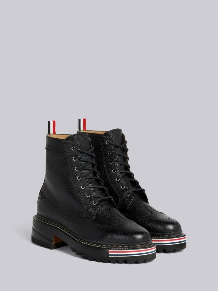 Pebble Grain Leather Rubber Hiking Sole Stripe Micro Insert Laceup Longwing Boot Black Women Thom Browne Boots
