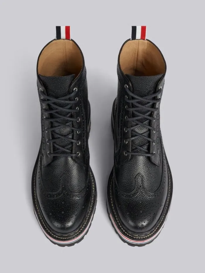 Pebble Grain Leather Rubber Hiking Sole Stripe Micro Insert Laceup Longwing Boot Black Women Thom Browne Boots