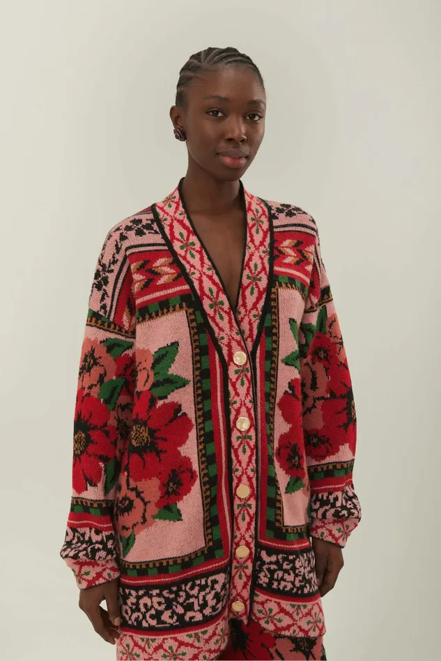 Pink Flower Tapestry Knit Cardigan Women FARM Rio Cardigans Pink Flower Tapestry Knit Cardigan Women FARM Rio Cardigans