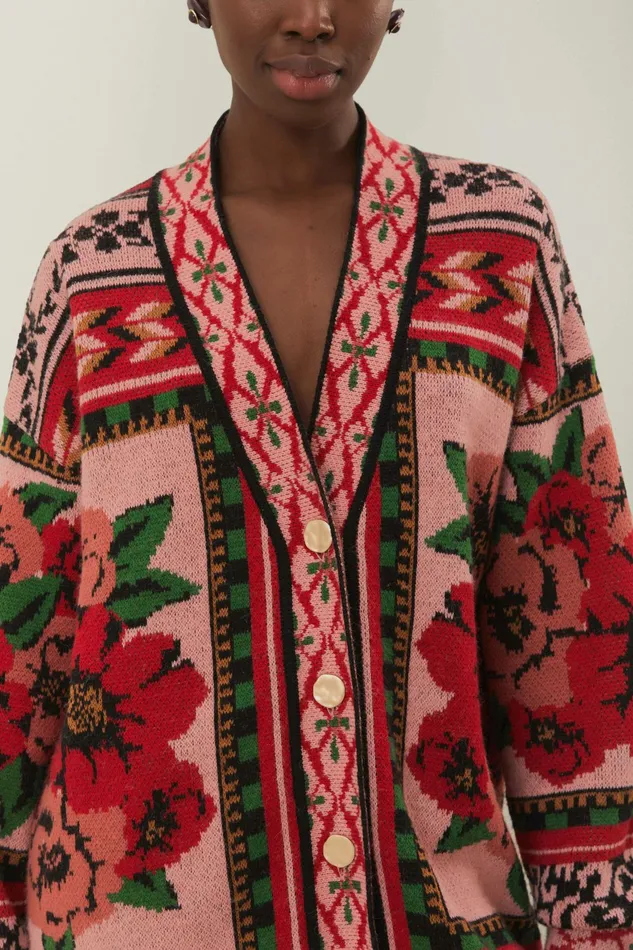 Pink Flower Tapestry Knit Cardigan Women FARM Rio Cardigans Pink Flower Tapestry Knit Cardigan Women FARM Rio Cardigans