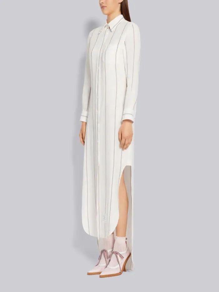 Pinstripe Seersucker Linen Point Collar Ankle Length Shirtdress Light Pink Women Thom Browne Dresses