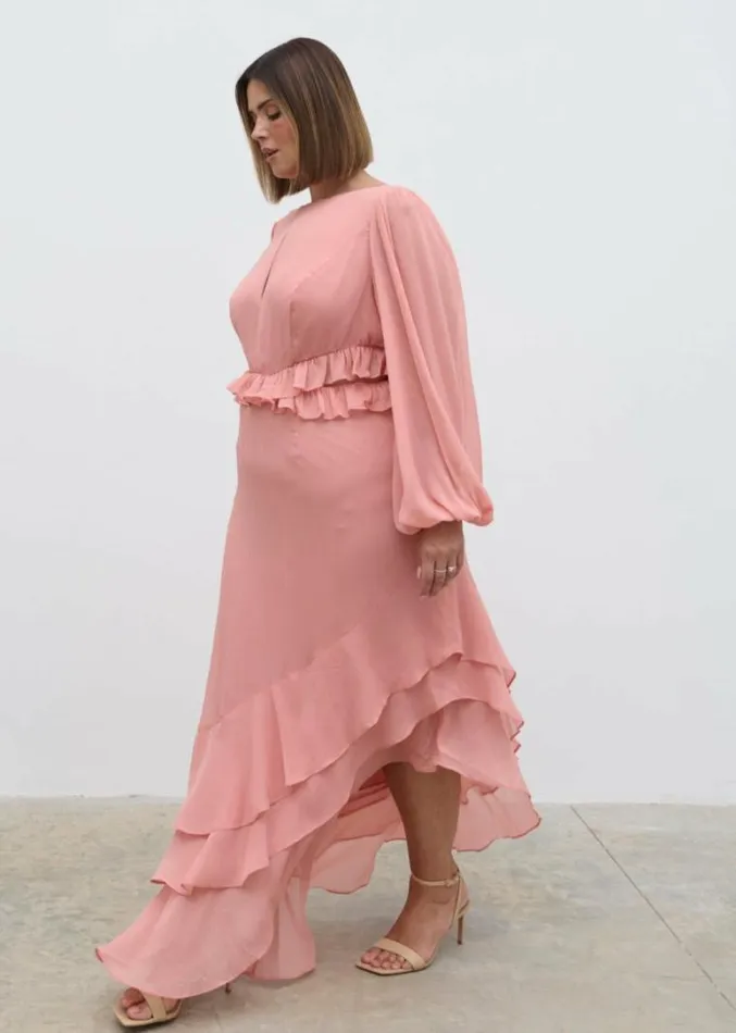 Pretty Lavish Curve Adelina Cut Out Ruffle Maxi Dress Curve Apricot Pink 8211 Women