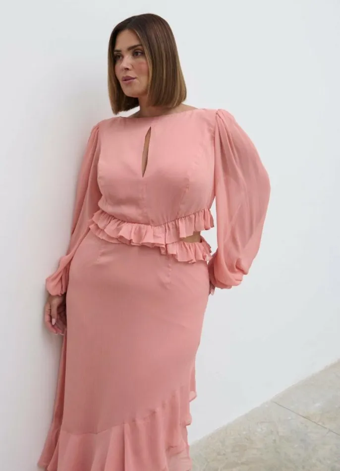 Pretty Lavish Curve Adelina Cut Out Ruffle Maxi Dress Curve Apricot Pink 8211 Women
