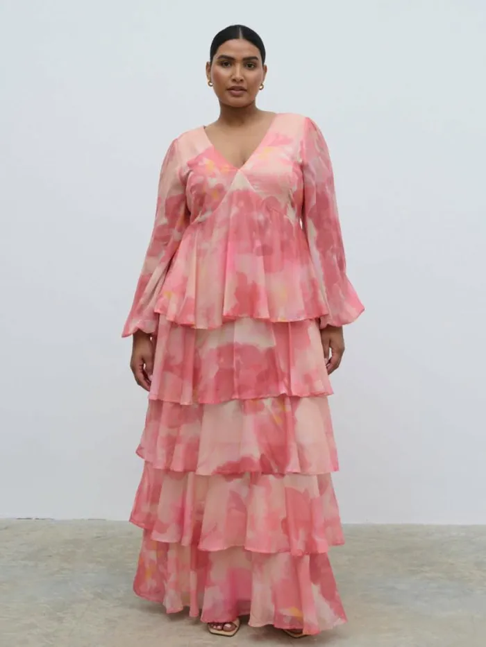Pretty Lavish Curve Ashton Ruffle Maxi Dress Curve Dusky Rose Watercolour 8211 Women