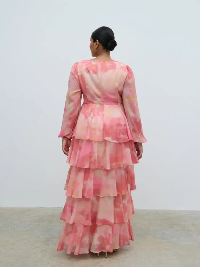 Pretty Lavish Curve Ashton Ruffle Maxi Dress Curve Dusky Rose Watercolour 8211 Women