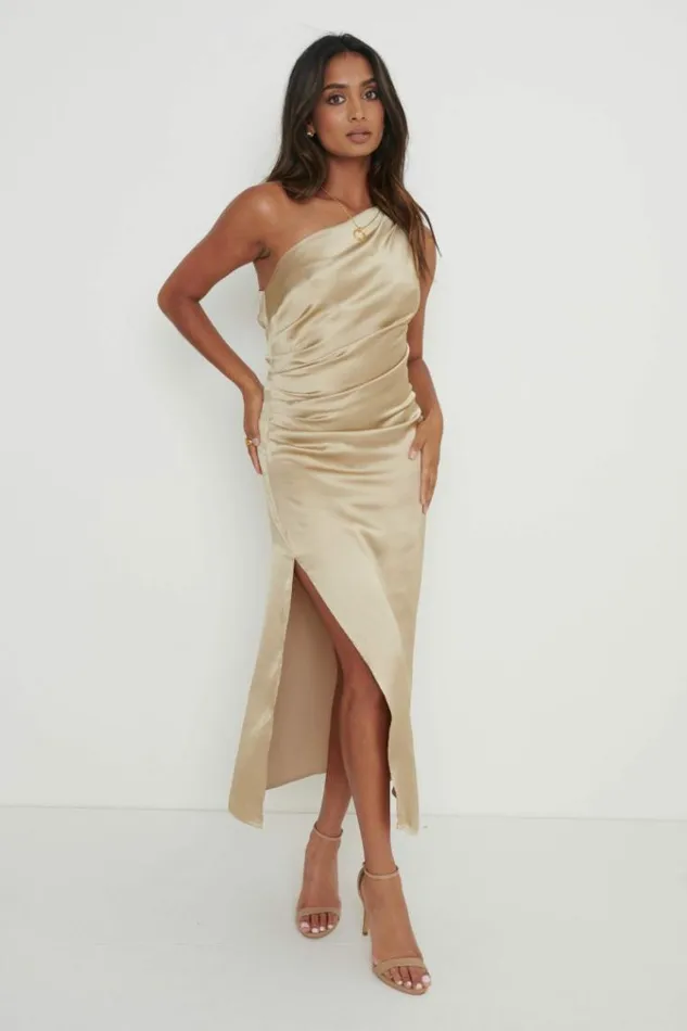 Pretty Lavish Dresses Amelia One Shoulder Ruched Satin Dress Gold 8211 Women