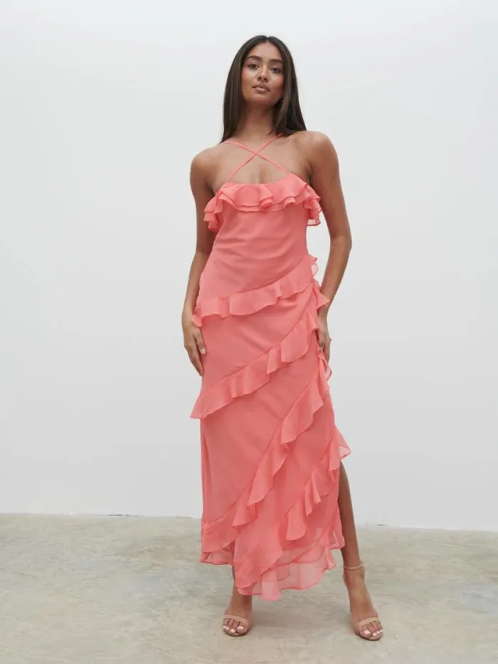 Pretty Lavish Dresses Aryana Ruffle Midaxi Dress Coral 8211 Women