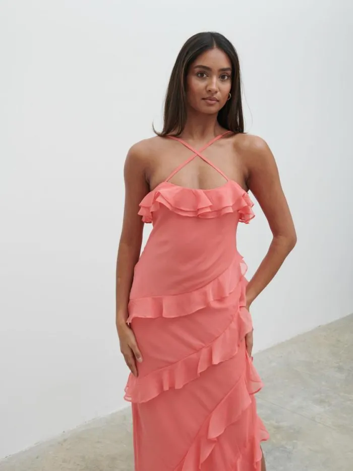 Pretty Lavish Dresses Aryana Ruffle Midaxi Dress Coral 8211 Women