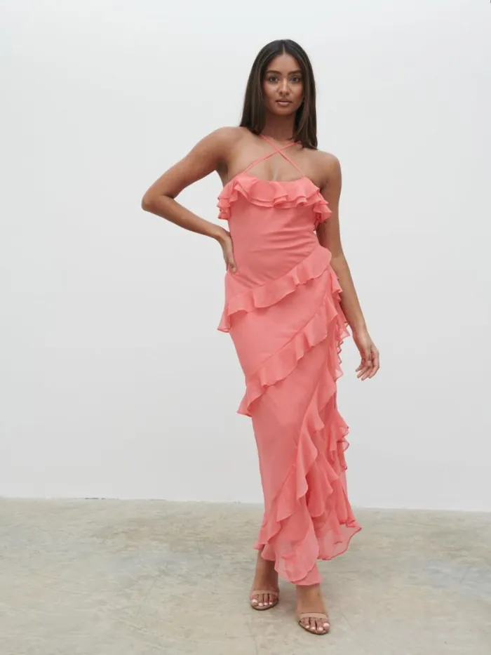 Pretty Lavish Dresses Aryana Ruffle Midaxi Dress Coral 8211 Women