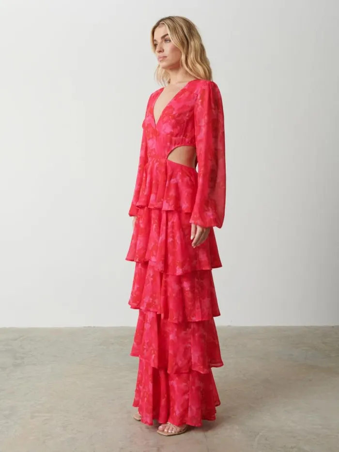 Pretty Lavish Dresses Ashton Cut Out Maxi Dress Pink And Red Watercolour 8211 Women