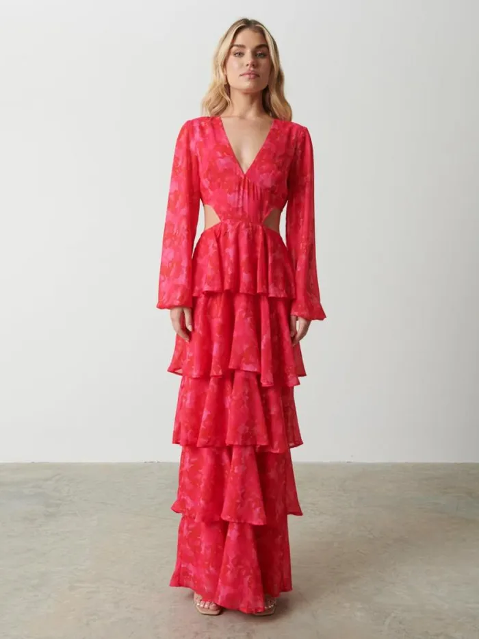 Pretty Lavish Dresses Ashton Cut Out Maxi Dress Pink And Red Watercolour 8211 Women