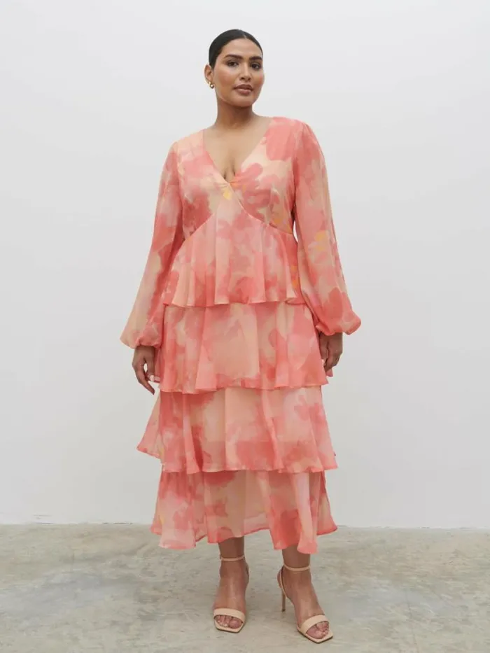 Pretty Lavish Dresses Ashton Ruffle Midi Dress Curve Dusky Rose Watercolour 8211 Women Pretty Lavish Dresses Ashton Ruffle Midi Dress Curve Dusky Rose Watercolour 8211 Women