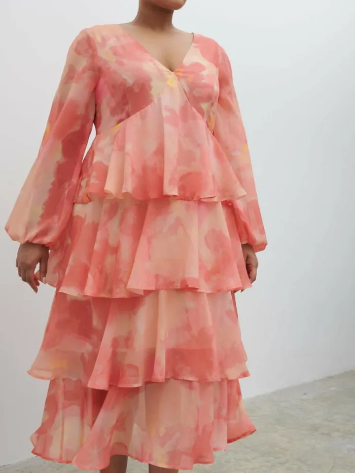 Pretty Lavish Dresses Ashton Ruffle Midi Dress Curve Dusky Rose Watercolour 8211 Women