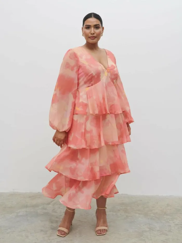 Pretty Lavish Dresses Ashton Ruffle Midi Dress Curve Dusky Rose Watercolour 8211 Women