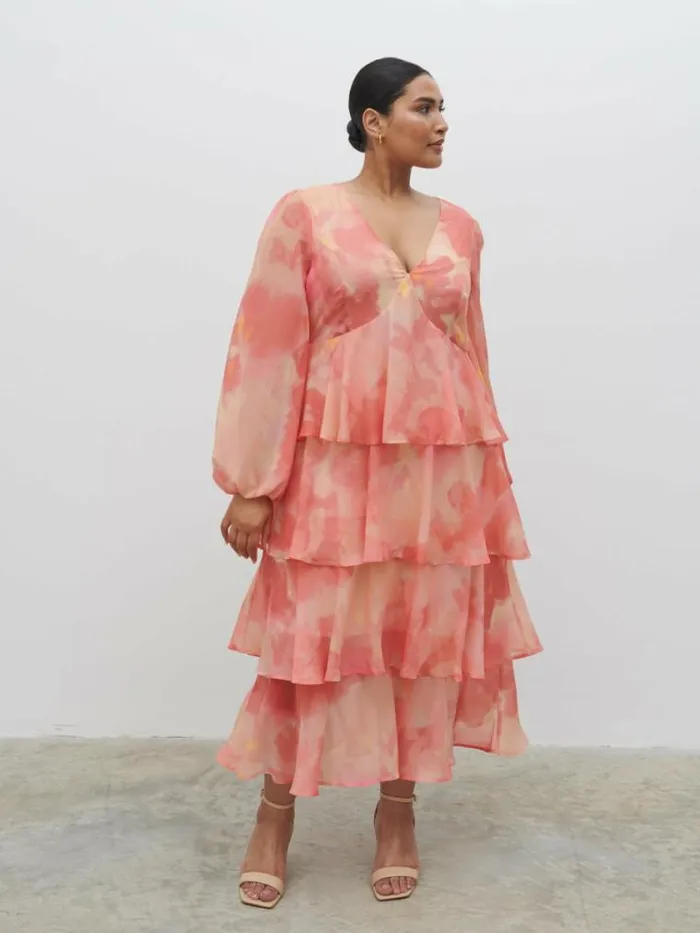 Pretty Lavish Dresses Ashton Ruffle Midi Dress Curve Dusky Rose Watercolour 8211 Women