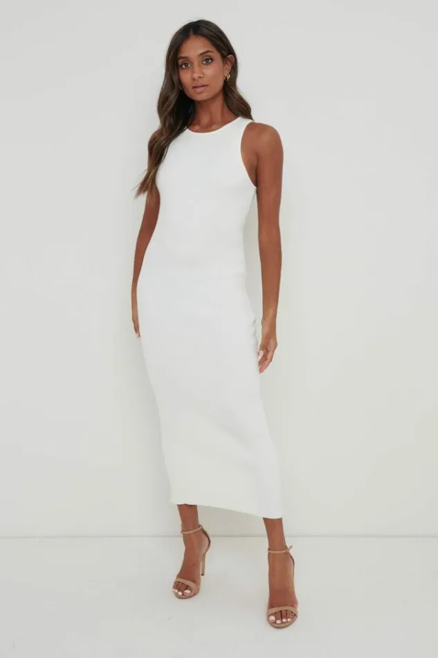 Pretty Lavish Dresses Billie Ribbed Racer Midi Dress Cream 8211 Women