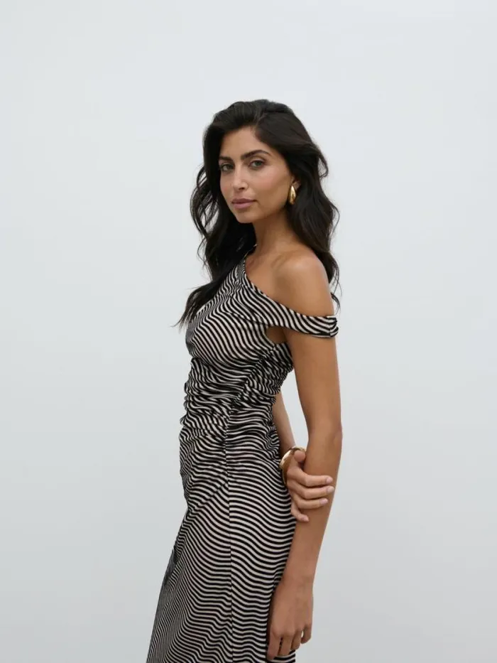 Pretty Lavish Dresses Carrie Asymmetric Knot Midaxi Dress Black And Stone Stripe 8211 Women