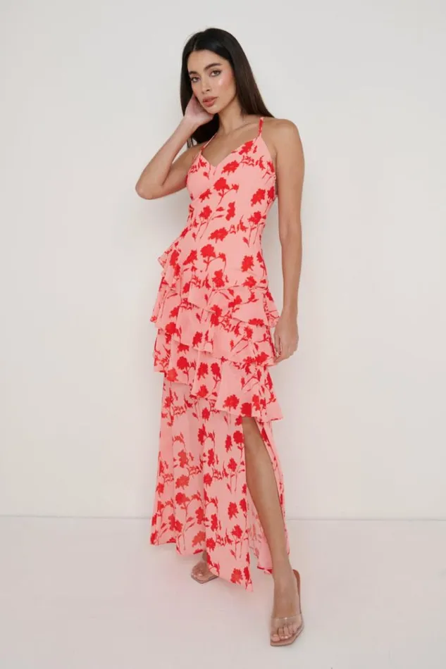Pretty Lavish Dresses Hettie Asymmetric Ruffle Maxi Dress Pink And Red Floral 8211 Women Pretty Lavish Dresses Hettie Asymmetric Ruffle Maxi Dress Pink And Red Floral 8211 Women