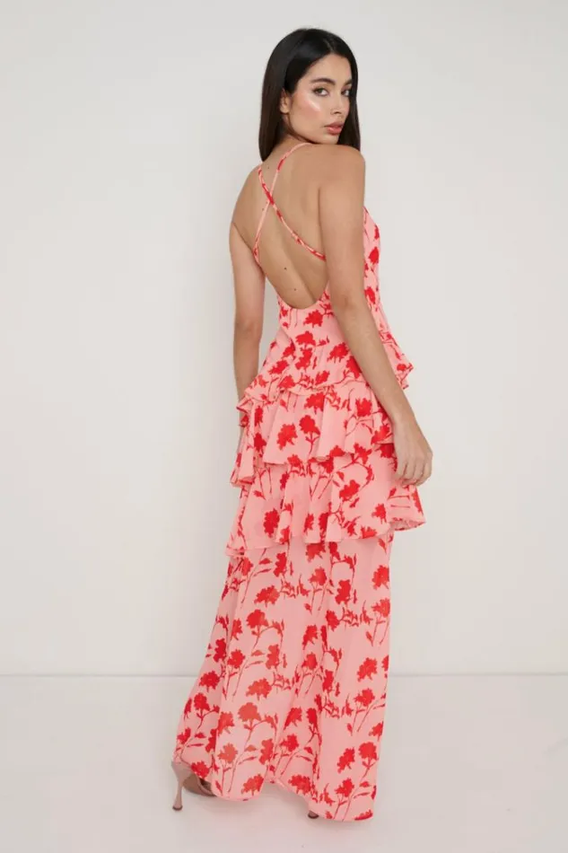 Pretty Lavish Dresses Hettie Asymmetric Ruffle Maxi Dress Pink And Red Floral 8211 Women