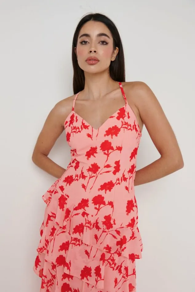 Pretty Lavish Dresses Hettie Asymmetric Ruffle Maxi Dress Pink And Red Floral 8211 Women