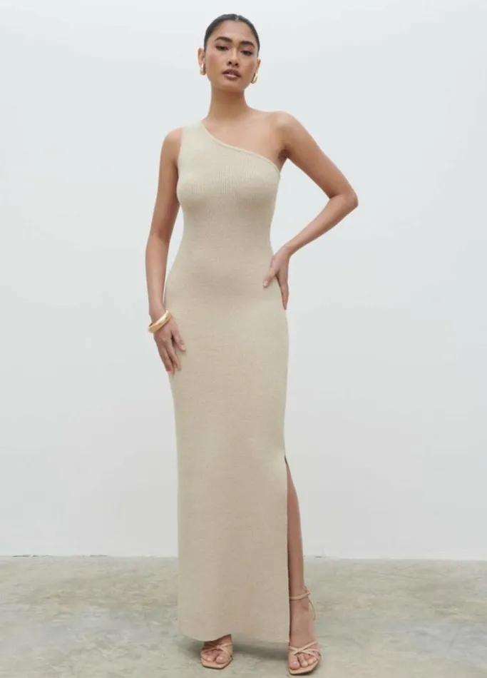 Pretty Lavish Dresses Juno One Shoulder Knit Maxi Dress Beige 8211 Women