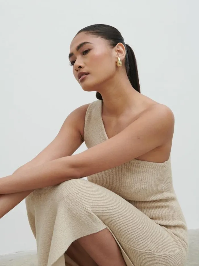Pretty Lavish Dresses Juno One Shoulder Knit Maxi Dress Beige 8211 Women